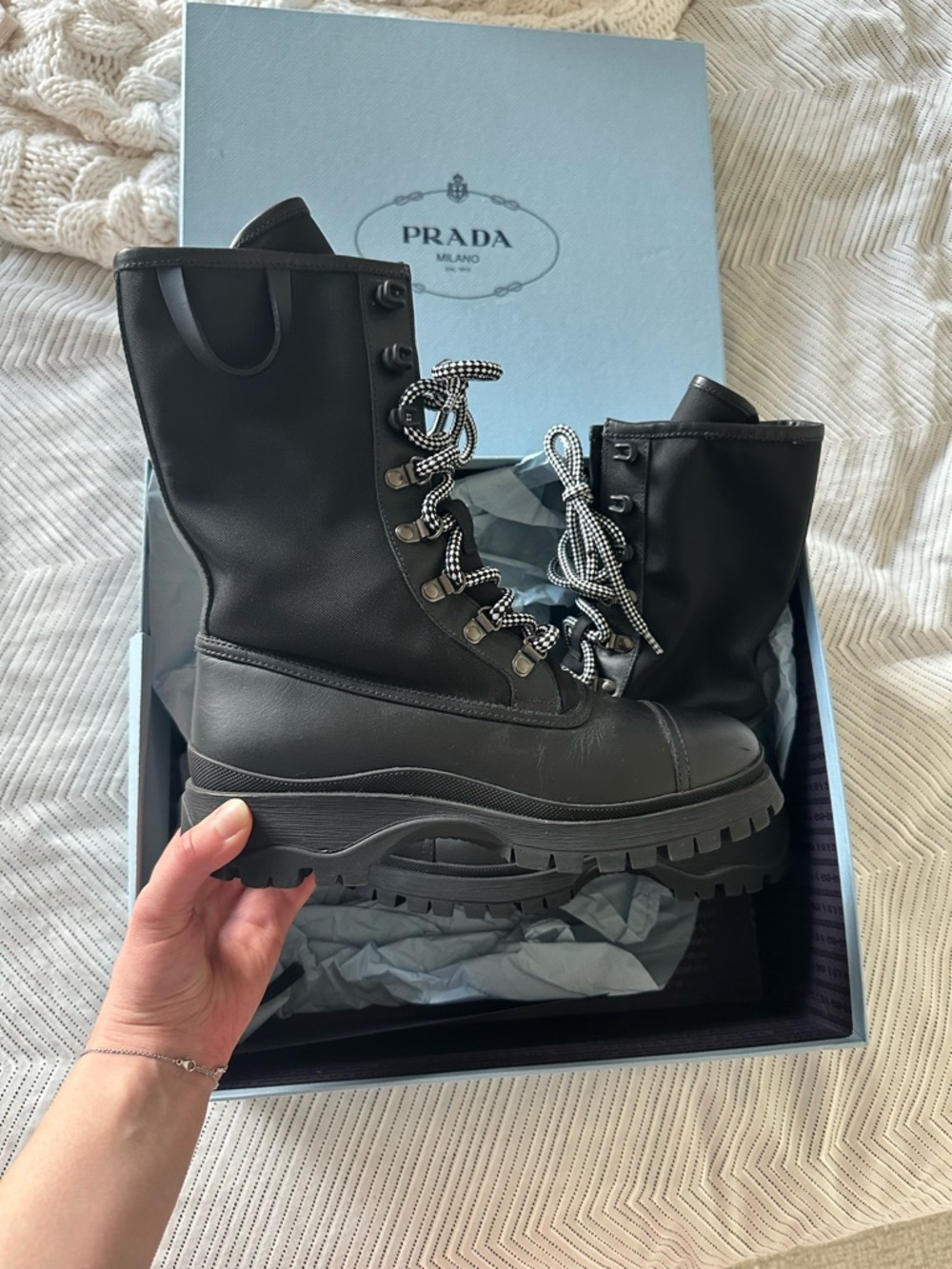Prada Black Leather Lace-Up Lug-Sole Boots - Picture 4 of 5